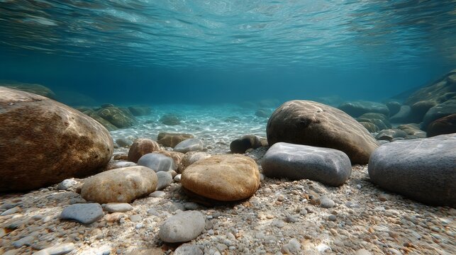 Clear blue water revealing a pristine underwater riverbed covered with smooth rounded stones and pebbles illuminated by sunlight