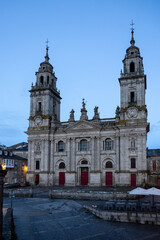 Fototapeta premium Lugo cathedral facade at twilight in galicia, spain