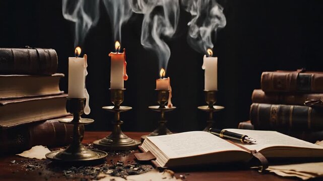Dim candlelight cloaks a vintage old desk with open book, scattered notes, and leatherbound volumes