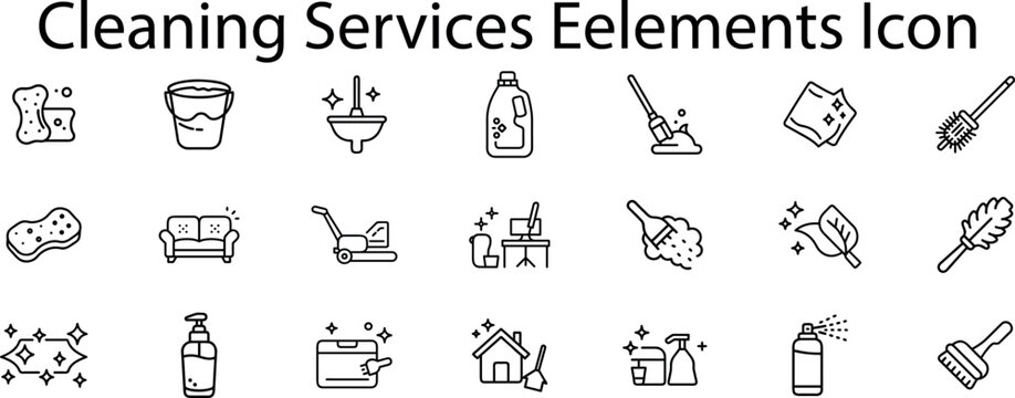 Collection of 21 Cleaning Services Icons with Various Tools and Symbols on transparent background