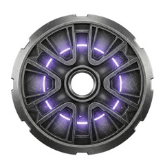 Futuristic circular drone propulsion unit with glowing purple LED rings and metallic radial design