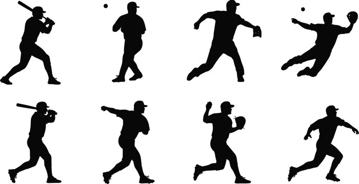 Baseball player silhouettes set, batting, pitching, throwing and catching actions, professional sport poses, black isolated vector illustration