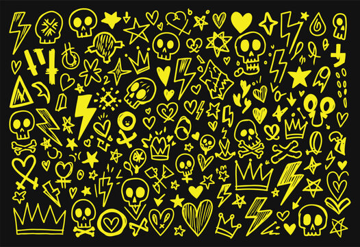 A vibrant yellow doodle pattern featuring an array of hand-drawn skulls, hearts, stars, lightning bolts, and crowns on a dark black background.
