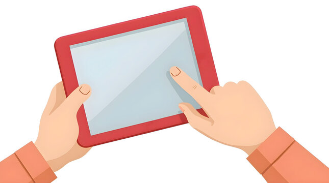 A stylized vector illustration features hands holding a red tablet with a blank, reflective screen. A single finger interacts with the interface against a clean