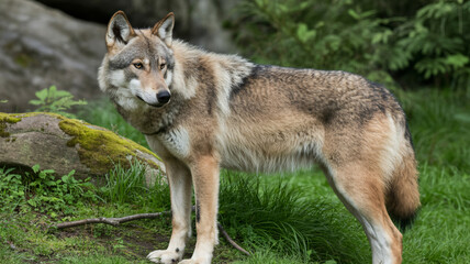 Obraz premium Majestic wolf standing in lush green forest habitat