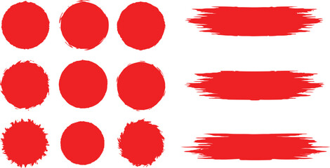 Collection of red grunge circles and distressed horizontal brush strokes on a white background, ideal for graphic design elements.