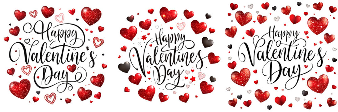 s - Set of  the text "Happy Valentine's Day" written in elegant black cursive font. The background is predominantly white, adorned with large, scattered red hearts isolated on a transparent background