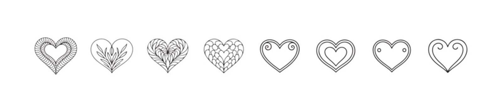 Ten unique hand drawn heart icons featuring braided rope patterns ornate scrolls and layered outlines