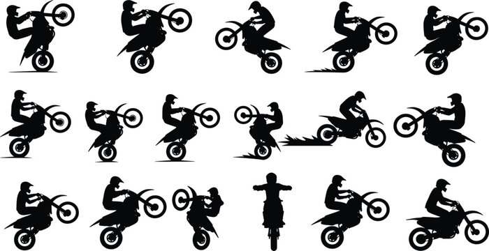 Motocross rider stunt silhouettes set, dirt bike wheelie jump actions, extreme motorbike tricks collection, black isolated vector illustration