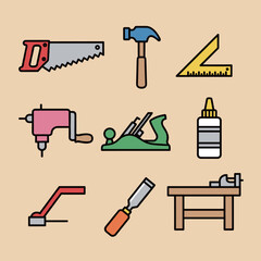 Obraz premium Professional Woodworking Carpentry Tools Set Including Saw Hammer Drill and Workbench Flat Vector Illustration for Construction and DIY Projects