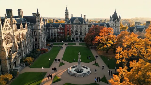 Sweeping aerial drone shot gliding high above a grand university campus courtyard surrounded by historic stone architecture during autumn stone, establishing, landscape