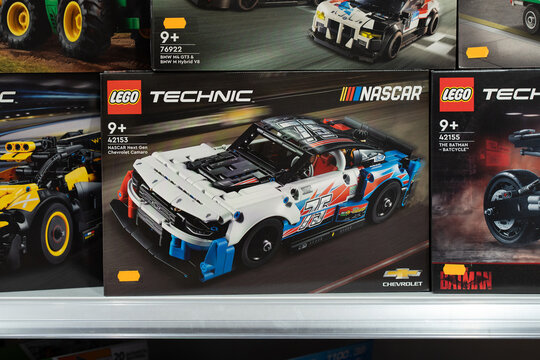 LEGO NASCAR Speed Champions Next Gen Chevrolet Camaro ZL1 set. Lego Technic sets on store shelves. Minsk, Belarus - March 14, 2025