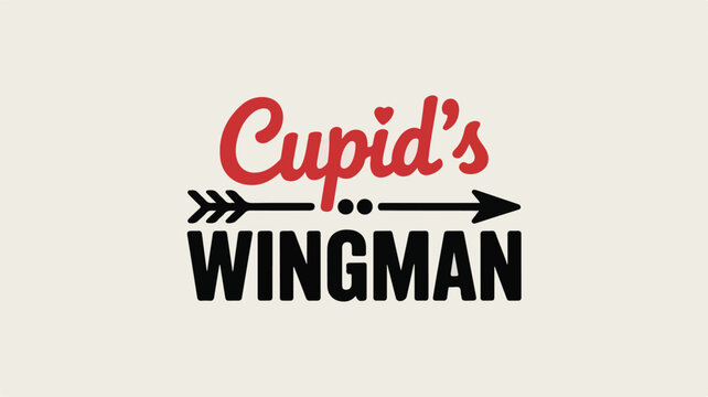 Cupids Wingman text with arrow and heart on cream background love dating