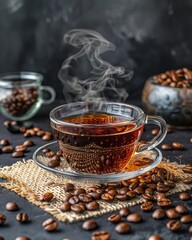 Elegant glass coffee cup nestled among freshly roasted coffee beans on rustic burlap background