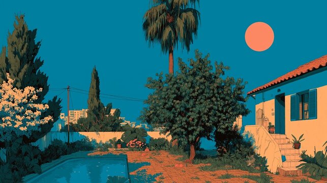 Maison m&eacute;diterran&eacute;enne avec piscine, palmiers et soleil rouge sous un ciel turquoise