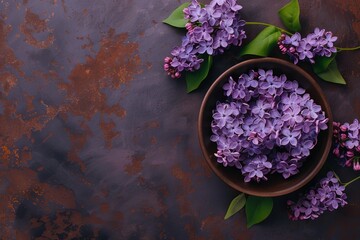 Flat lay of vintage iron bowl filled with lilac flowers and fresh blooms on rustic iron surface