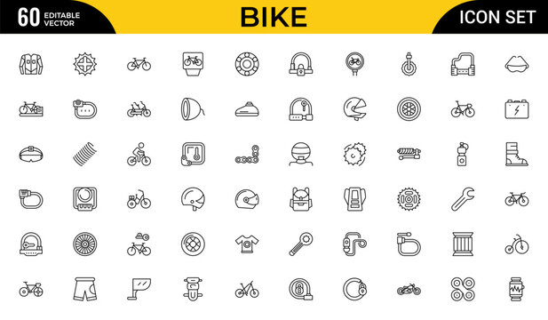 Bike and Cycling Outline Icon Set &ndash; Minimal Sport, Fitness and Travel Linear Symbols for Bicycle Riding and Eco Transportation, Editable Stroke, Modern Vector Illustration