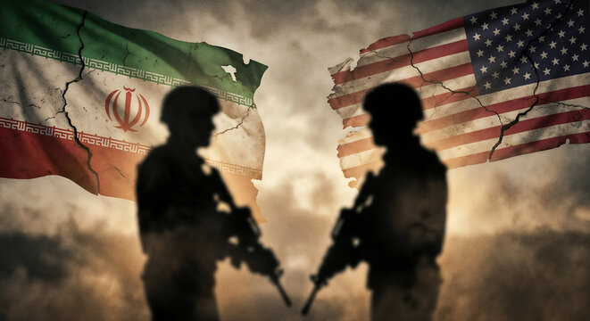 Silhouettes of soldiers in front of torn Iran and USA flags representing geopolitical conflict