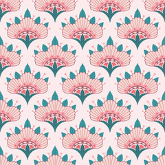 Seamless repeating pattern with decorative fan-shaped flowers in a soft pastel color palette. © Елена Хмельнюк