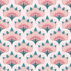 Seamless repeating pattern with decorative fan-shaped flowers in a soft pastel color palette. © Елена Хмельнюк
