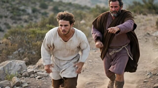Two apostles in ancient clothing run toward the cave where Jesus Christ was resurrected, one of them pointing forward. A biblical Easter story.