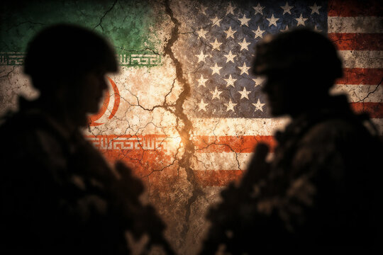 Soldiers silhouettes standing in front of Iranian and USA flags with a cracked wall background representing conflict