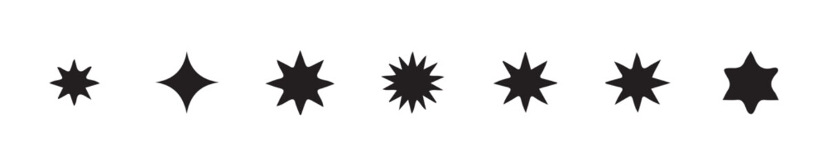 Obraz premium Eight variations of stylized shining star symbols showing increasing points and shapes