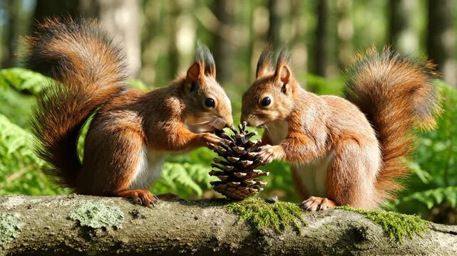 Two, red squirrels share a pine cone on a mossy log in a sunlit forest, alert and curious, watching