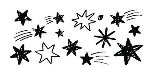 Hand drawn collection of black and white sketchy star shapes and shooting stars © FARJANAAKTER