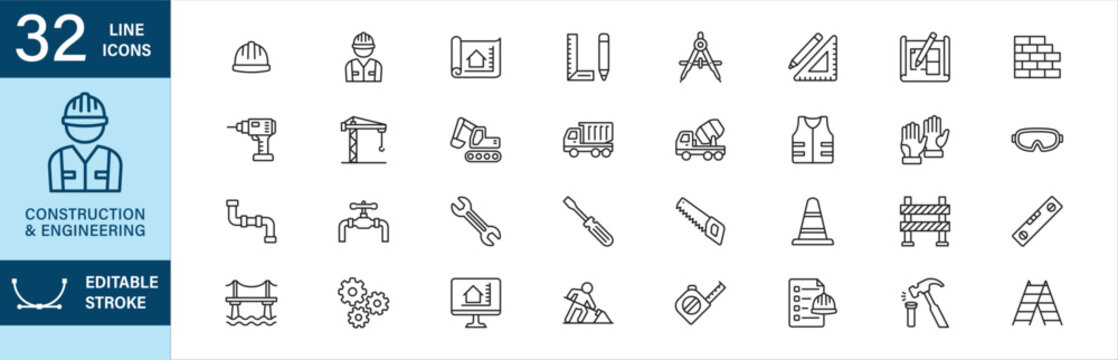 Construction thin line icon set. Engineering icons set. Contains icon symbol of engineer, worker, blueprint, draft, crane, power tools, safety, excavator, dump truck, cement mixer, roadwork, plumbing.