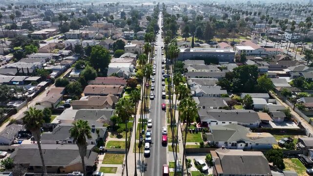 Aerial view of 54th Street, a linear perspective framed by palm trees and houses, showcasing the urban texture, Los Angeles, California, United States.