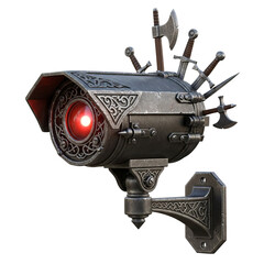 Steampunk surveillance camera with glowing red lens and ornate blades, dark metallic fantasy security device