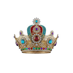 Regal gold crown adorned with vibrant gemstones and intricate filigree, isolated on white background for royal or fantasy design