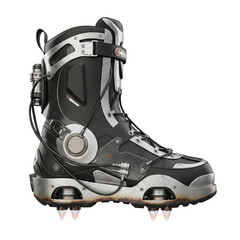 Modern ski boot with metallic accents and crampon spikes, isolated on white background, studio product shot