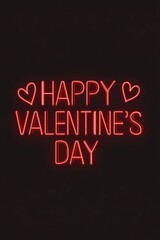 Happy Valentine's Day red neon sign on a dark background. Glowing letters and heart symbols create a romantic and festive atmosphere for the holiday