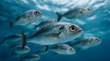 Fototapeta premium A school of silver fish swims in clear blue underwater ocean water