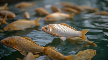 Obraz premium A school of golden fish swims in rippling water highlighting natural aquatic life and serene motion