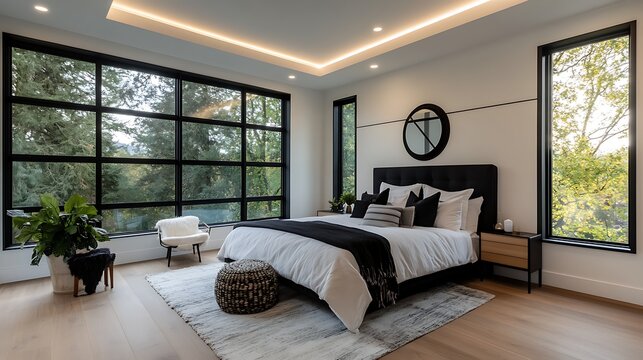 A contemporary bedroom with clean architectural lines, bold black accents, and recessed lighting 