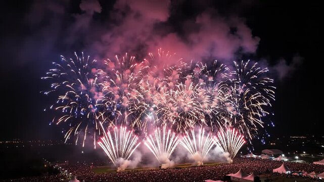 Sweeping drone aerial perspective over a huge night sky fireworks display dominated by vivid scarlet and royal blue bursts reflecting off the clouds celebration, wideangle, royal