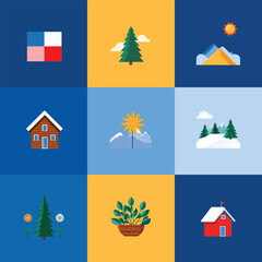 Fototapeta premium Winter Landscape Icon Set with Cozy Cabins, Pine Trees, and Snowy Mountains.