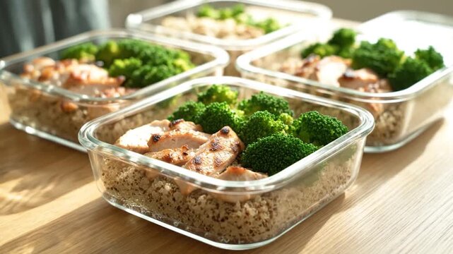 Healthy meal prep containers with grilled chicken, quinoa, and steamed broccoli arranged on a wooden table, captured from a high angle.