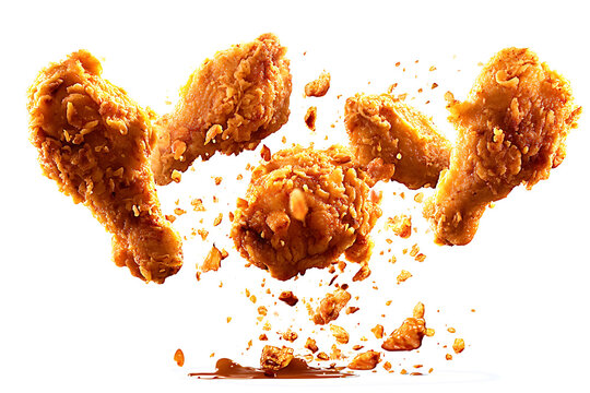 Crispy fried chicken pieces with savory crust exploding in air with crumbs and sauce drop on transparent background for delicious food ads