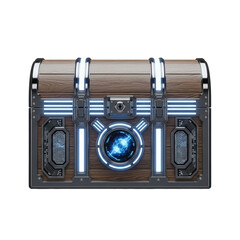 Futuristic sci-fi treasure chest with glowing blue energy core and metallic panel details under studio lighting