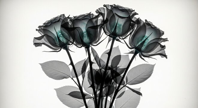 Four Roses Bouquet with X-ray Effect, Detailed Botanical Skeleton and Thorny Stems, Fine Art Flower Concept