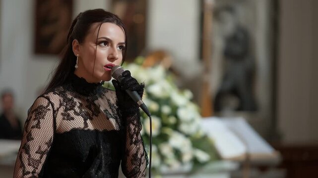 Female Singer Performing Requiem at Funeral Service in Church
