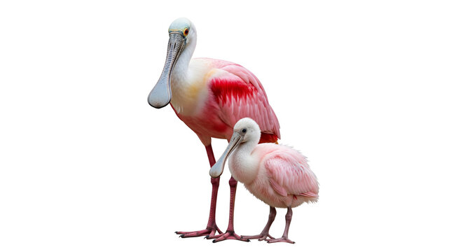 Adult roseate spoonbill stands beside its chick on a transparent background showing their shapes and colors clearly