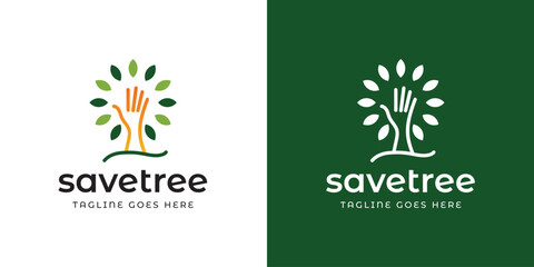 Save Tree Logo Design with Hand and Leaf Symbol