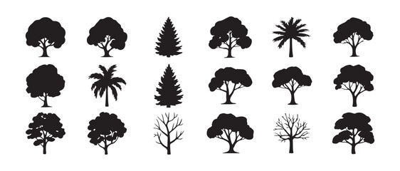 Fototapeta premium Large set of eighteen diverse black silhouette icons depicting various tree species including conifers palms and broadleaf forms