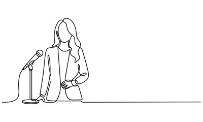 A woman speaking at a microphone with a continuous line drawing style