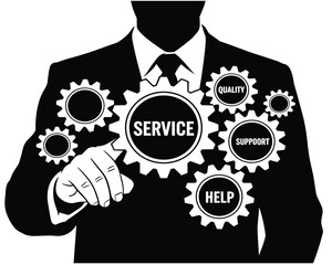 Customer Service Support Concept Businessman Touching Gears Quality Help Icons